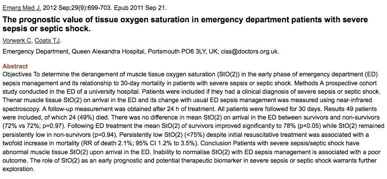 stO2 paper Vorwerck and Coates tissue oxygenation in the ED