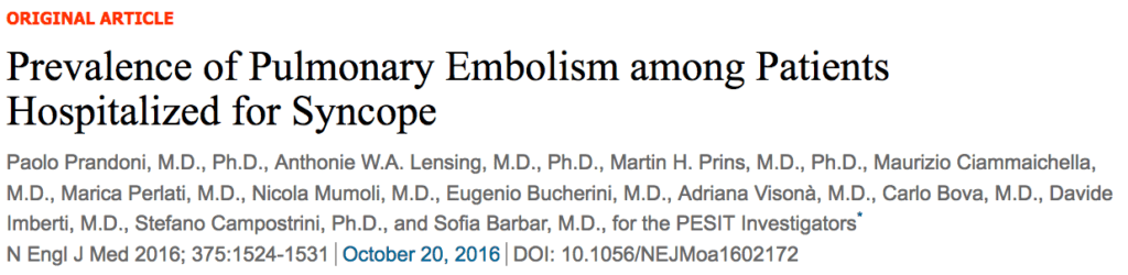 Prevalence of Pulmonary Embolism among patients hospitalised for syncope from the New England Journal of Medicine