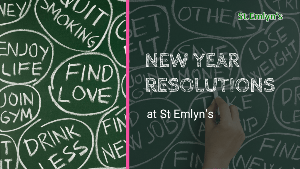 New Year Resolutions at St Emlyn’s with a picture of common new year resolutions on a whiteboard