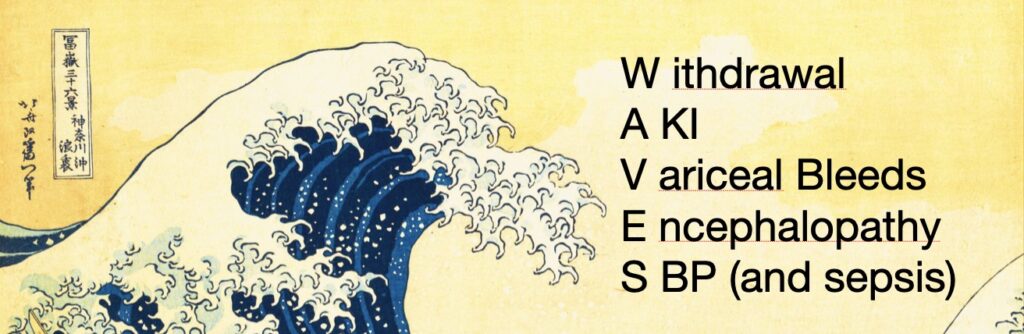 Acute on chronic liver disease
Withdrawal
A KI
Variceal Bleeds
Encephalopathy
SBP (and sepsis)