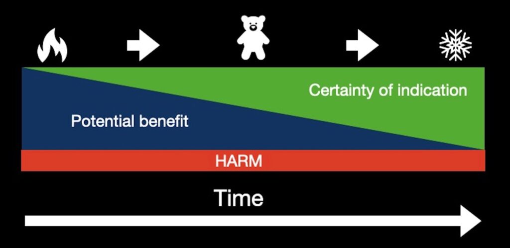 The balance of potential benefit and certainty of indictation in time critical decision making