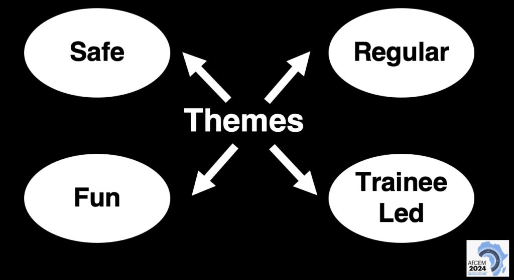Themes - safe, regular, fun, trainee led