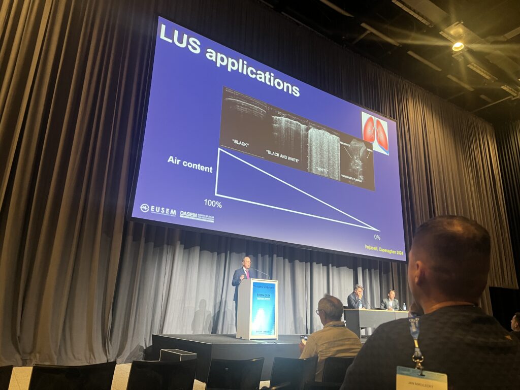 Giovanni Volpicelli in presenting, in the background a slide on appearance of the pleura on ultrasound depending on the air content in the lung