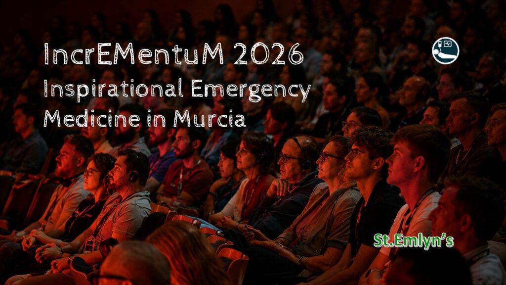 Audience members sit in a warmly lit auditorium at IncrEMentuM 2026 in Murcia, watching the stage during an Emergency Medicine conference.