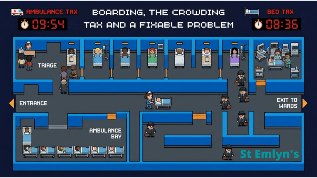 Boarding, the crowding tax and a fixable problem presented as a pac-man like game where a nurse has to move patients on hospital beds from various ED locations to the ward, avoiding the tax collectors along the way.