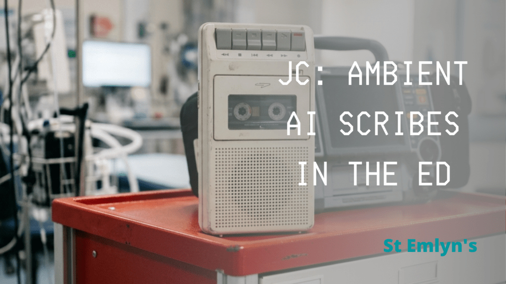 Image shows a 1980s cassette recorder on a red and white crash cart, with a defibrillator just behind it. In the background is an ED environment. The image fades to the right, overlayed with the blog title.