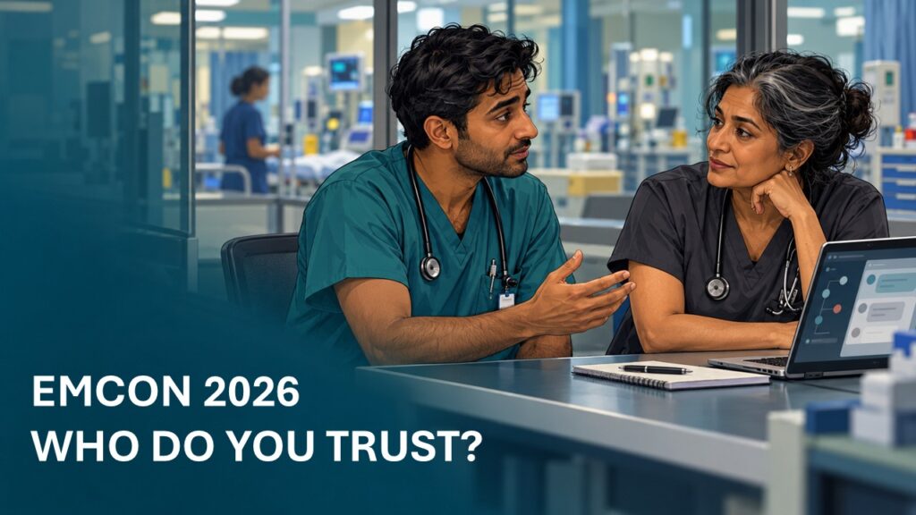 Two doctors discussing a case beside a laptop. Cover text: “EMCON 2026 — Who do you trust?”