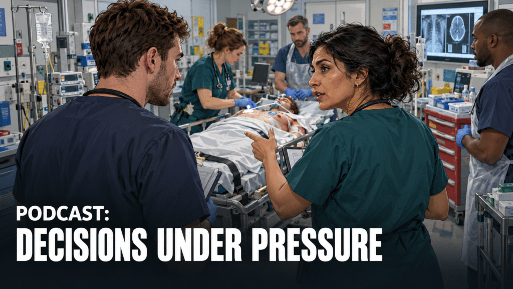 Emergency care team beside a patient in a resuscitation bay; text reads “Podcast: Decisions under pressure”.