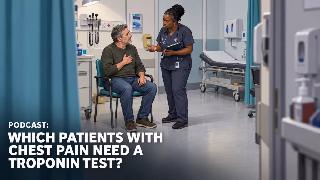 Emergency clinician taking a history from a well-appearing patient with chest discomfort before deciding whether troponin testing is needed.